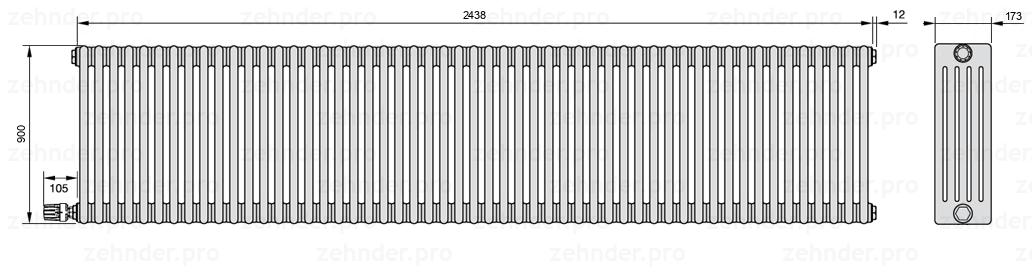 Схема (чертеж) Радиатор Zehnder Charleston 5090/53 №V003 Белый глянцевый RAL 9016